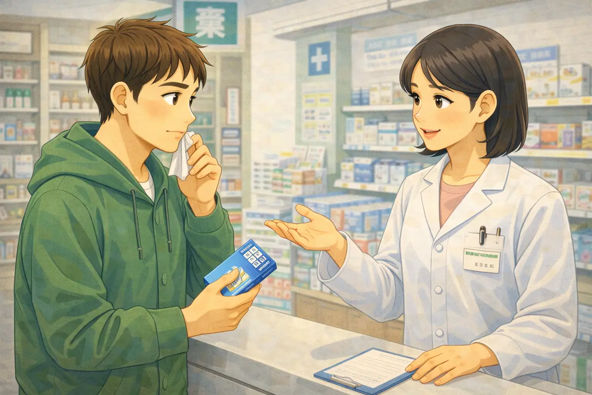 Patient receiving medication explanation from a pharmacist in Japan