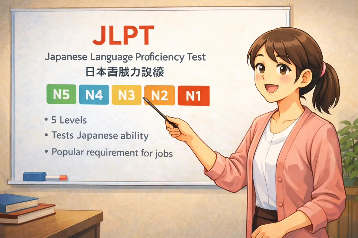 Teacher explaining JLPT levels N5 through N1 on a whiteboard
