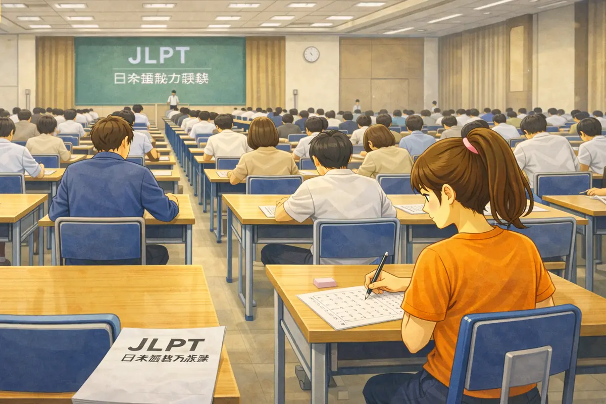 Student taking the JLPT exam in a classroom environment