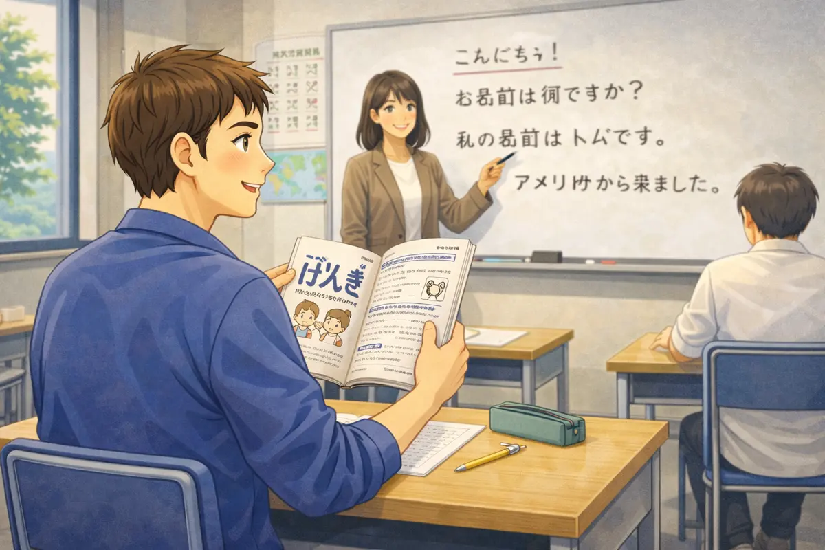 Two people bowing to each other in a traditional Japanese garden greeting