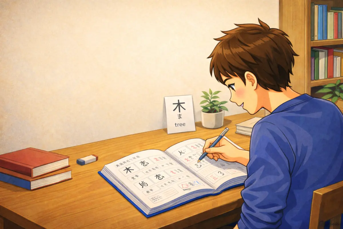 Student studying Japanese efficiently using online resources and textbooks