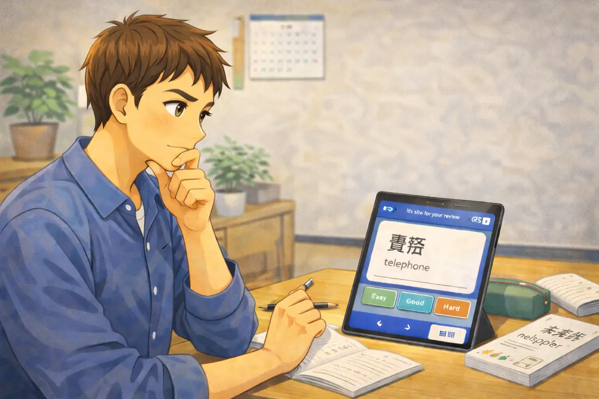 Student writing Japanese Kanji characters in a notebook for memorization