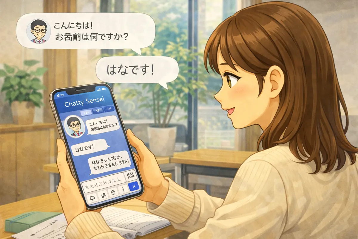 Chatty Sensei AI app interface showing Japanese conversation practice
