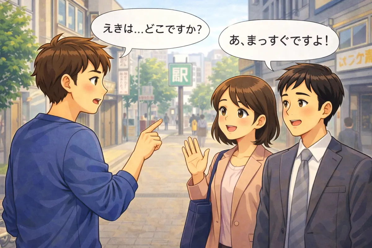 Student asking for directions from a local using a map on a Japanese street