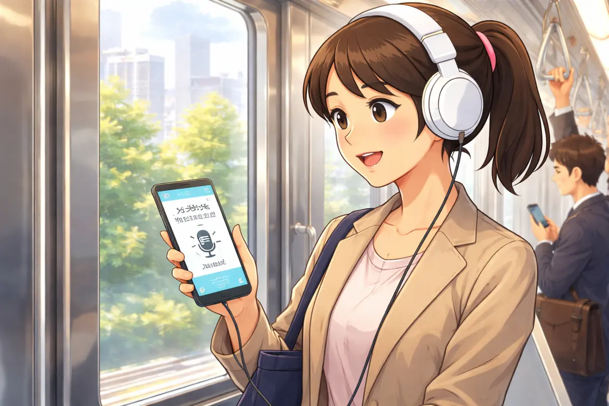 Woman listening to Japanese audio lessons on headphones while commuting on a train